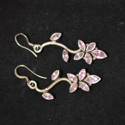 925 Sterling Silver & Amethyst Floral Drop Earrings 8.2g