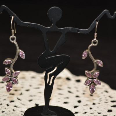 925 Sterling Silver & Amethyst Floral Drop Earrings 8.2g