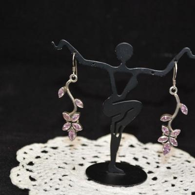 925 Sterling Silver & Amethyst Floral Drop Earrings 8.2g