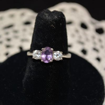 925 Sterling Silver Ring with Amethyst & Crystal Size 7, 2.8g