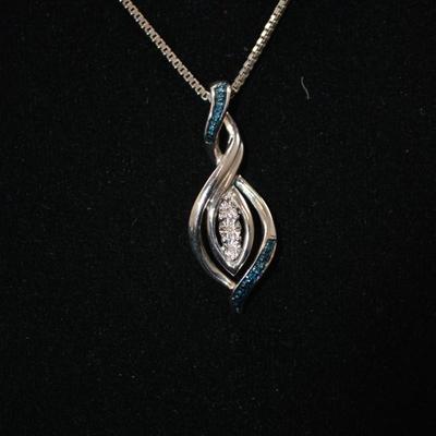 925 Sterling Silver Box Chain with 925 Diamond Chip & Sapphire Pendant 18â€, 7.2g
