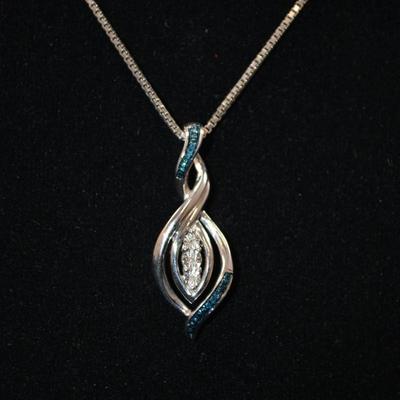 925 Sterling Silver Box Chain with 925 Diamond Chip & Sapphire Pendant 18â€, 7.2g