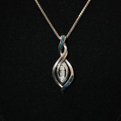 925 Sterling Silver Box Chain with 925 Diamond Chip & Sapphire Pendant 18â€, 7.2g