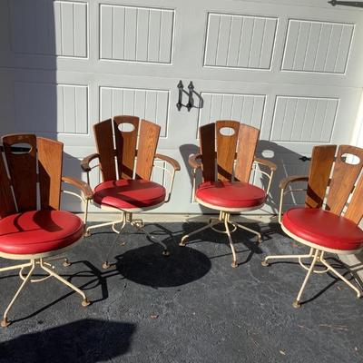 Vintage Wooden, Metal Barrel Swivel Chairs, cushioned seats, arms 33