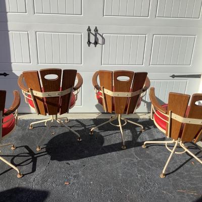 Vintage Wooden, Metal Barrel Swivel Chairs, cushioned seats, arms 33