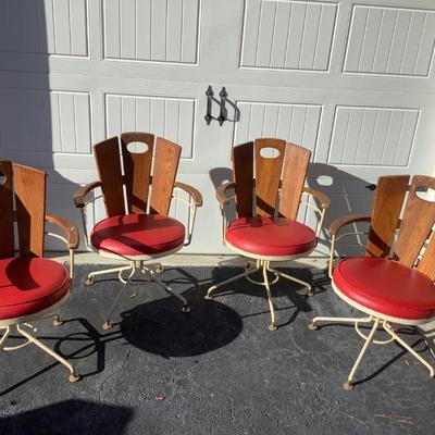 Vintage Wooden, Metal Barrel Swivel Chairs, cushioned seats, arms 33