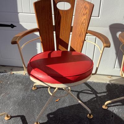 Vintage Wooden, Metal Barrel Swivel Chairs, cushioned seats, arms 33