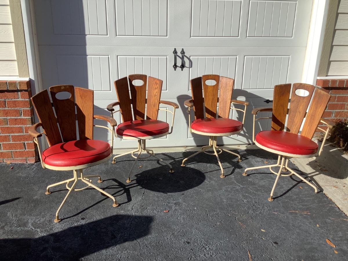 Vintage Wooden Metal Barrel Swivel Chairs cushioned seats arms