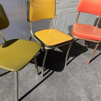3 Vintage Chairs, green, yellow, red, approx 31"-32"H 16"-17"W 15"-16"depth