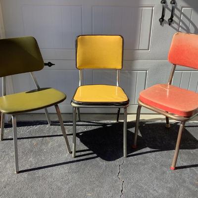 3 Vintage Chairs, green, yellow, red, approx 31"-32"H 16"-17"W 15"-16"depth