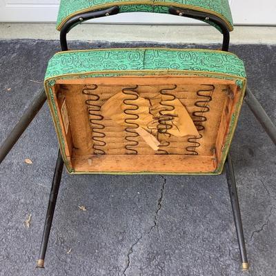 Green Mid-Century design padded chair with wooden arms, metal legs 29"H 25"W 19"seat depth