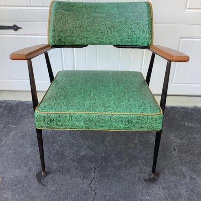 Green Mid-Century design padded chair with wooden arms, metal legs 29"H 25"W 19"seat depth