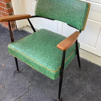 Green Mid-Century design padded chair with wooden arms, metal legs 29"H 25"W 19"seat depth
