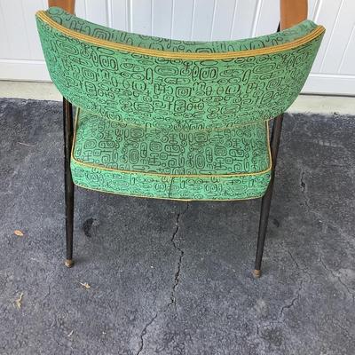 Green Mid-Century design padded chair with wooden arms, metal legs 29"H 25"W 19"seat depth