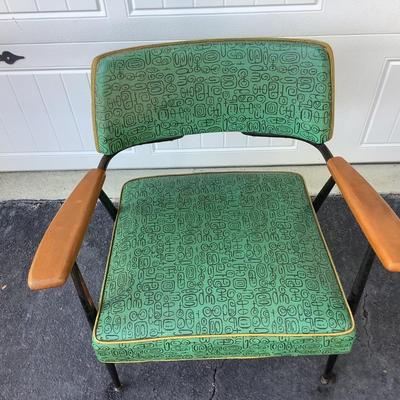 Green Mid-Century design padded chair with wooden arms, metal legs 29"H 25"W 19"seat depth