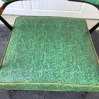 Green Mid-Century design padded chair with wooden arms, metal legs 29