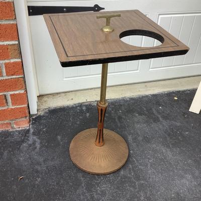 MId-century side table with ashtray opening, metal base, wooden part of the leg, vinyl covered top 21"H 15"x15"