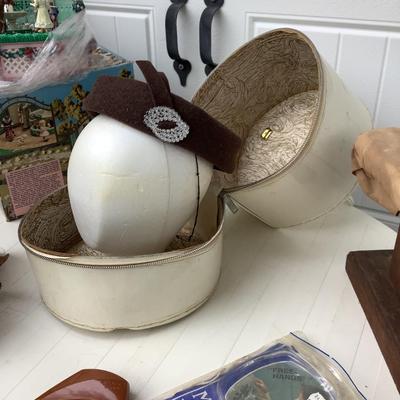 Vintage wig case head form and hat, Singer sewing machine w/foot pedal, table top ironing board, puzzle NIB, doll