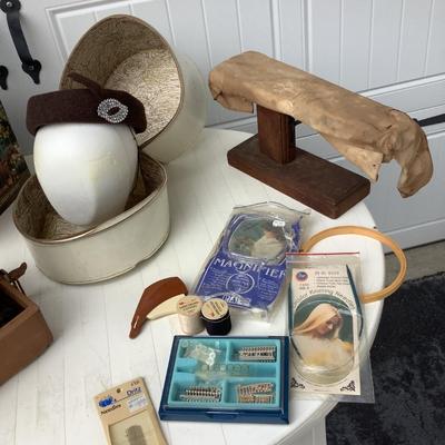 Vintage wig case head form and hat, Singer sewing machine w/foot pedal, table top ironing board, puzzle NIB, doll