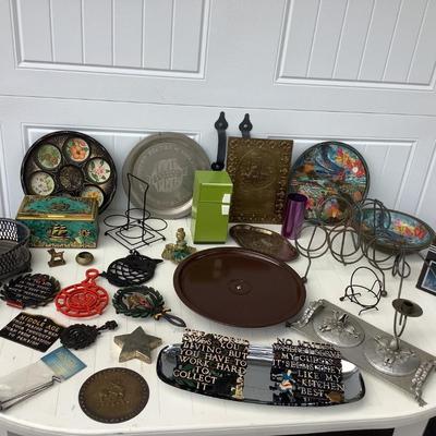 Vintage metal set- trivets, metal signs, wine bottle holders, Lazy-Susan, cigar box, cute metal refrigerator 8
