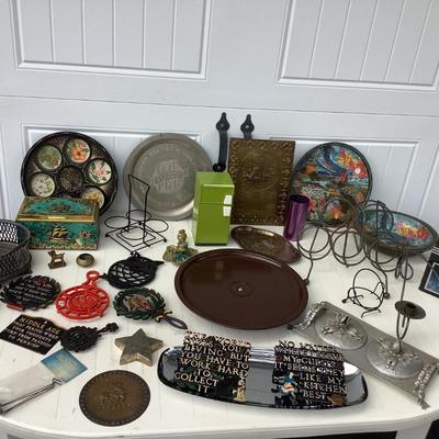 Vintage metal set- trivets, metal signs, wine bottle holders, Lazy-Susan, cigar box, cute metal refrigerator 8"H 4"L...