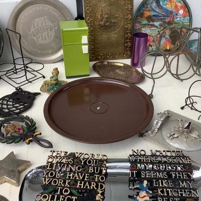 Vintage metal set- trivets, metal signs, wine bottle holders, Lazy-Susan, cigar box, cute metal refrigerator 8"H 4"L...