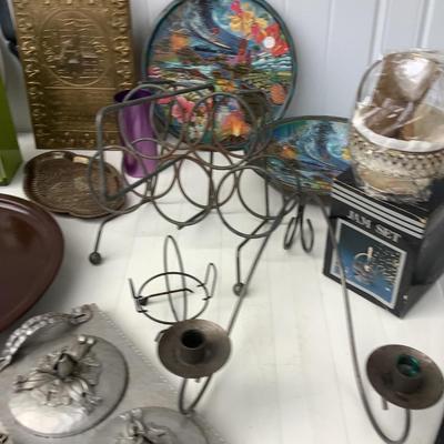 Vintage metal set- trivets, metal signs, wine bottle holders, Lazy-Susan, cigar box, cute metal refrigerator 8"H 4"L...