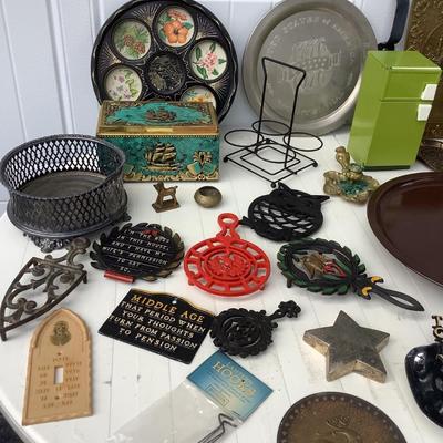 Vintage metal set- trivets, metal signs, wine bottle holders, Lazy-Susan, cigar box, cute metal refrigerator 8"H 4"L...