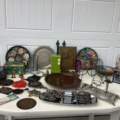 Vintage metal set- trivets, metal signs, wine bottle holders, Lazy-Susan, cigar box, cute metal refrigerator 8"H 4"L...