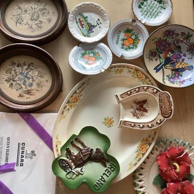 Irish & Florida ashtrays, clover, horseshoe, framed art, Queen Elizabeth-12 piece