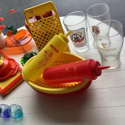 Florida coasters, mandolin, food baskets, mustard & ketchup pourers, shaker, glasses- 31 pieces