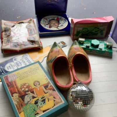 Russian car track, Shirley Temple clothes, Phlounder, Corona sign, Disney, Wooden shoes, disco ball-7 pieces