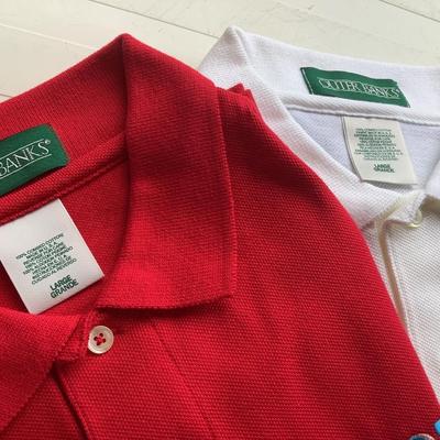 4 Outer Banks short sleeve men's polos with "Folly Beach", red & white large, 2 navy blue x-large