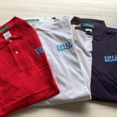 4 Outer Banks short sleeve men's polos with "Folly Beach", red & white large, 2 navy blue x-large