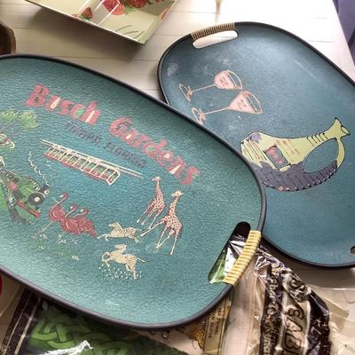 Vintage Trays-TV tray with hummingbirds, strawberries, floral tray is a lazy susan, Irish tea towel & oven glove-8pieces