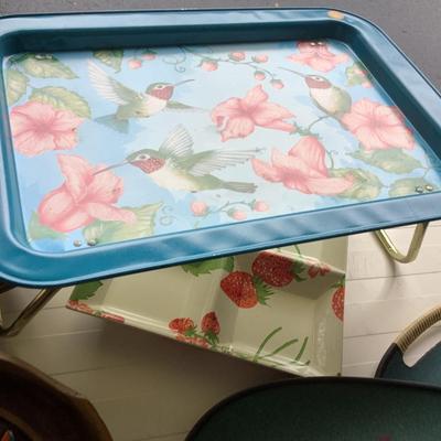 Vintage Trays-TV tray with hummingbirds, strawberries, floral tray is a lazy susan, Irish tea towel & oven glove-8pieces