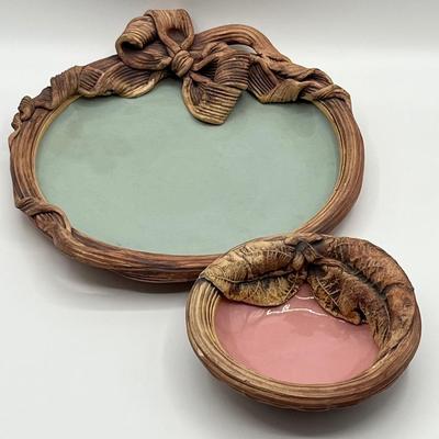 TERRA FIRMA USA POTTERY ~ Round Ribbon Tray & Leaf Small Bowl ~ Set Of Two (2)