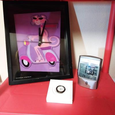FRAMED PINK PANTHER, DIGITAL ALARM CLOCK AND A SMALL CLOCK