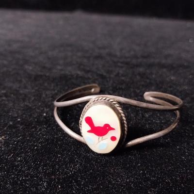 NATIVE AMERICAN INLAY CORAL BIRD IN STERLING SILVER BRACELET