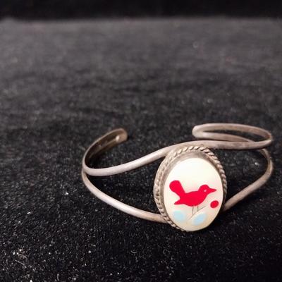 NATIVE AMERICAN INLAY CORAL BIRD IN STERLING SILVER BRACELET