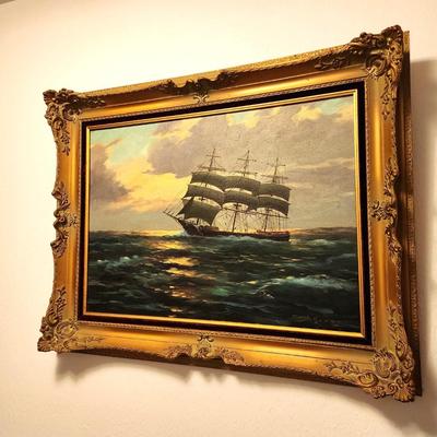 Lot #74  Original Painting - Ship at Sea - Handsome frame
