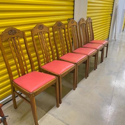 Six Oak Dining Chairs with Cushioned Vinyl Seats (BL-SS)