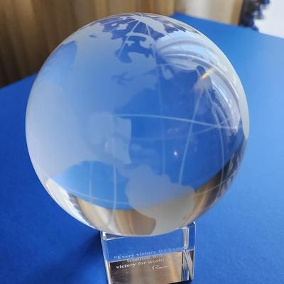 Solid Glass etched Spinning Globe with  Ronald Reagan Quote