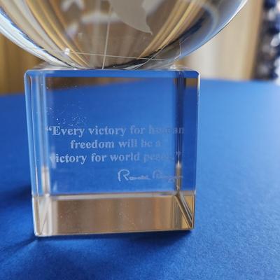 Solid Glass etched Spinning Globe with  Ronald Reagan Quote