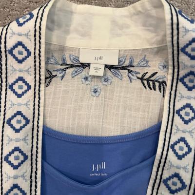 560 J.Jill Blue Linen Slong Sleeve with Eyelet Top and Floral Cover Up with Blue Tank Top