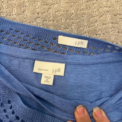 560 J.Jill Blue Linen Slong Sleeve with Eyelet Top and Floral Cover Up with Blue Tank Top