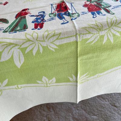 Vintage 50s printed table cloth Oriental theme