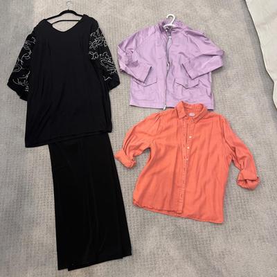 601 Chico's Purple Rain Jacket, Black and White Tunic Top and Button Up Orange Size 3