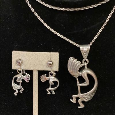 Large Sterling kokopelli pendant and clip on earrings