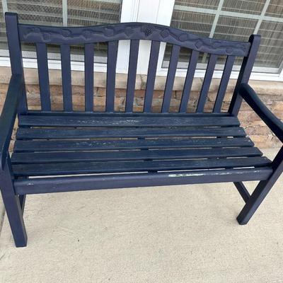 chippy blue porch bench 